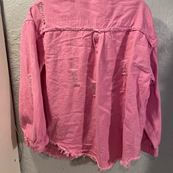 Women's Pink Distressed Denim Jacket - Picture 4 of 6